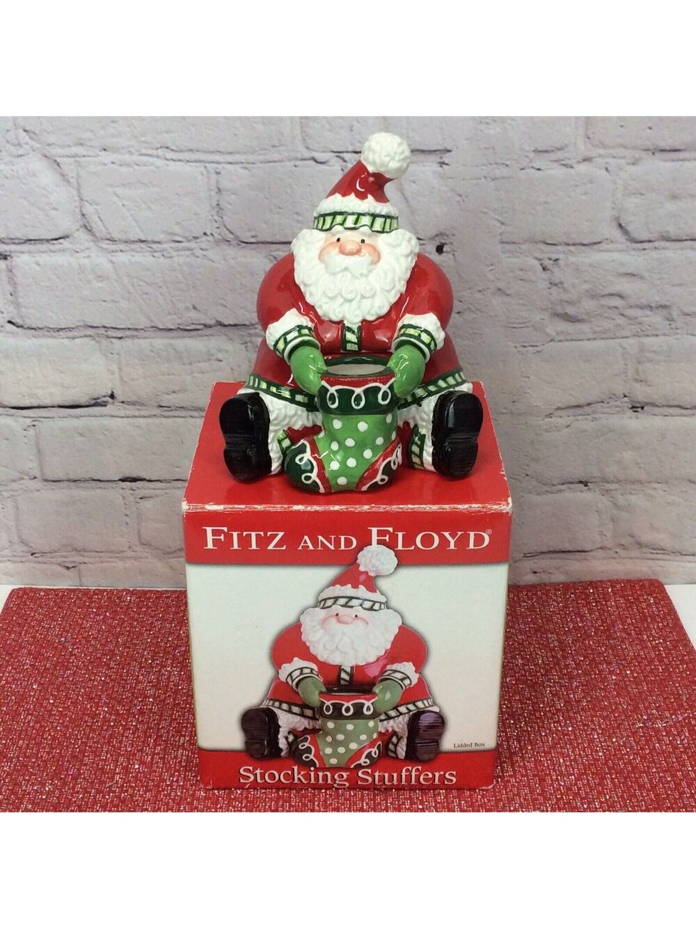 Fitz and Floyd Christmas Stocking Stuffers Lidded Santa Box 2007 Holidays Candy